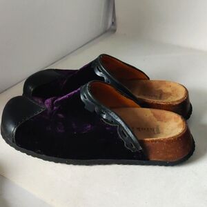 Purple Velvet Black Leather Think! Women's mules clogs slides sz 39 US 7 to 7.5
